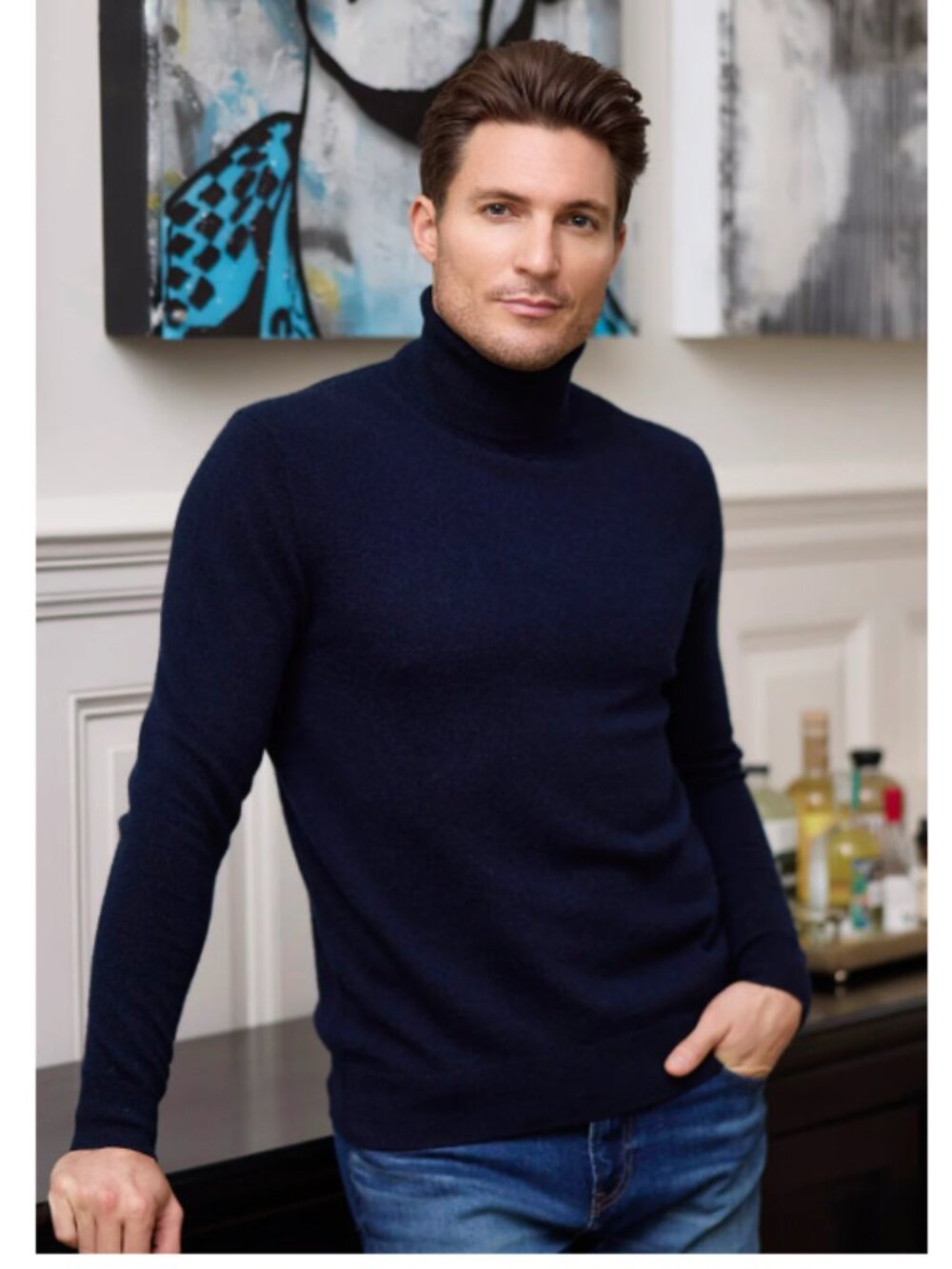New Raffi Men's Navy Blue Turtleneck Sweater 100% Cashmere Size 56 / XXL